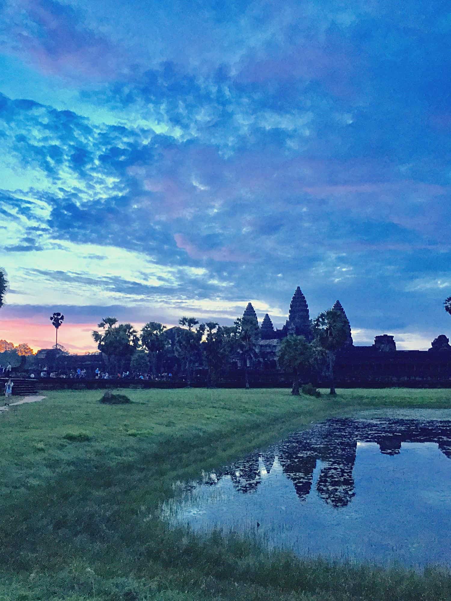 A view of a temple complex in Cambodia during sunrise